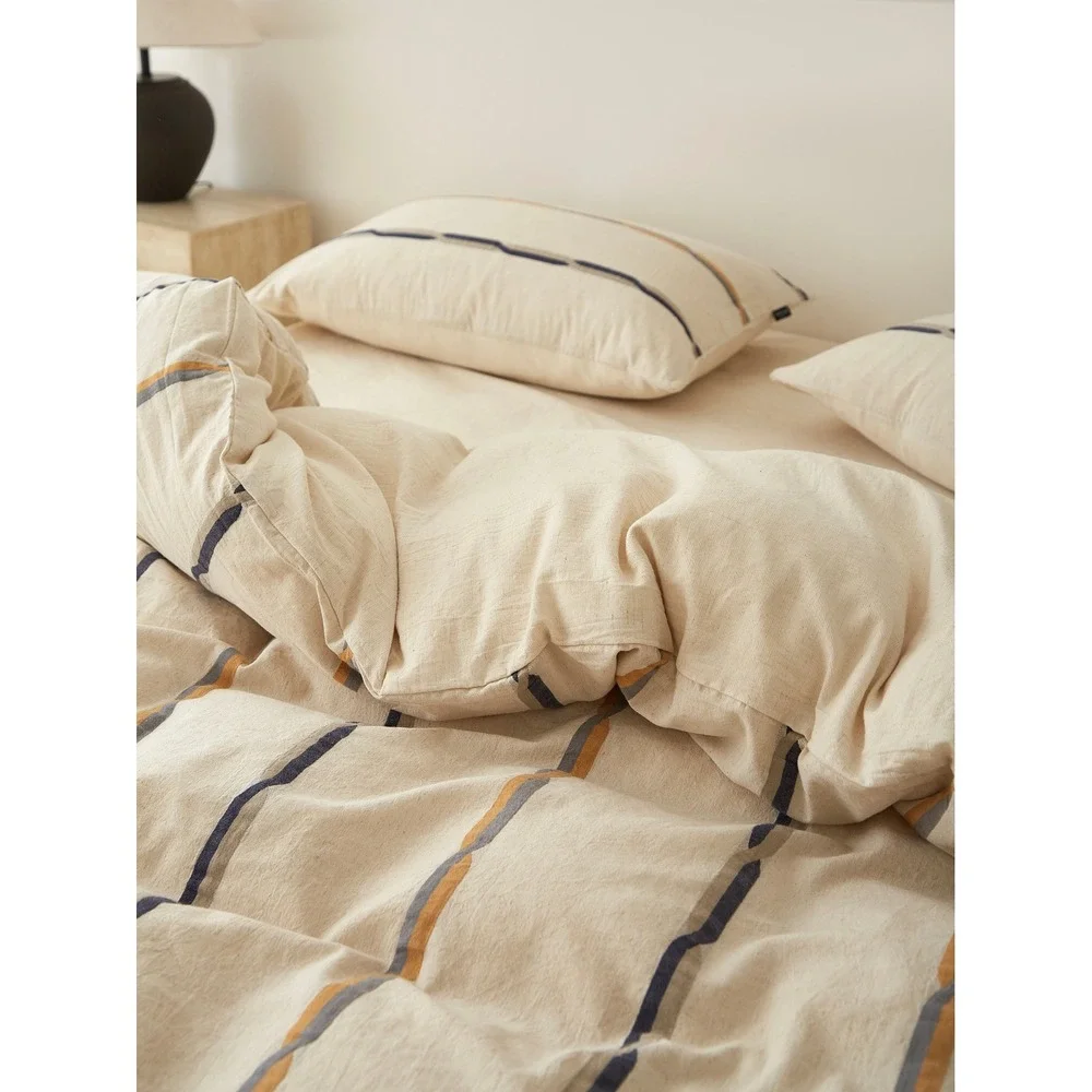 Faith Cotton Linen Striped Duvet Cover Set Brown Queen Top Grade & Natural